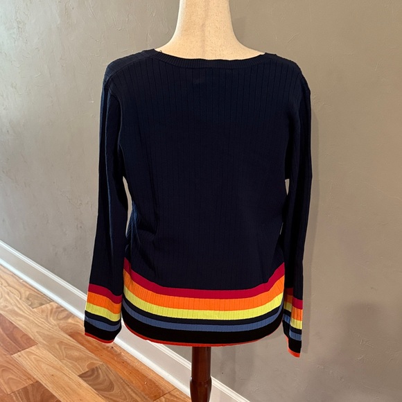 NWT Isaac Mizrahi Navy Cardigan with Colorful Stripes - Picture 2 of 4